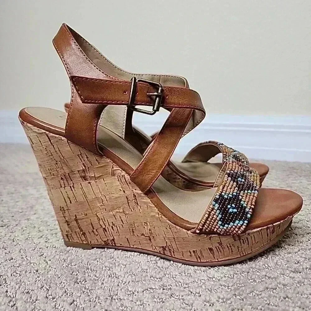 A.N.A‎ A NEW APPROACH BEADED WEDGE SANDALS Heels Brown Blue Cork 7.5 Boho resort
